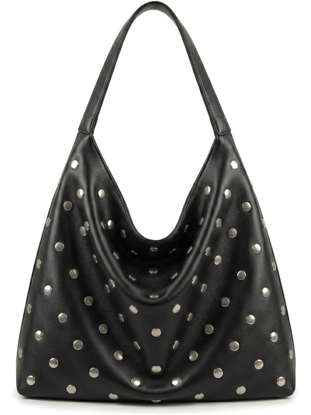 Large Soft Vegan Leather Studded Hobo Bag - Casual Slouchy Shoulder Handbag